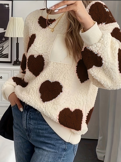 Women'S Plush Heart Sweater - Soft & Heart Pattern Sweater with Heart Cutouts, Cozy Winter Sweater for Fall & Winter
