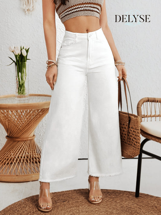 Women’s High-Waist Wide Leg White Denim Jeans with Pockets