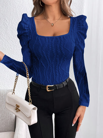 Autumn and Winter New Square Neck Textured Fabric Bubble Sleeve Elegant Long-Sleeve Women's Top