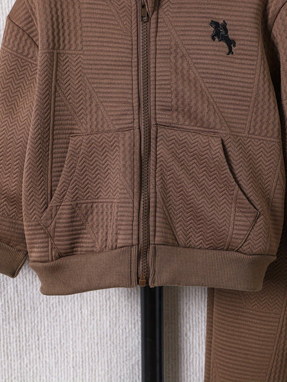 2pcs Boys' Casual Outfit Set, Long Sleeve Hooded Jacket with Embroidery and Zipper, Geometric Pattern Knit Pants, Polyester with Spandex Lining, Regular Fit for Autumn/Winter, for Outdoor