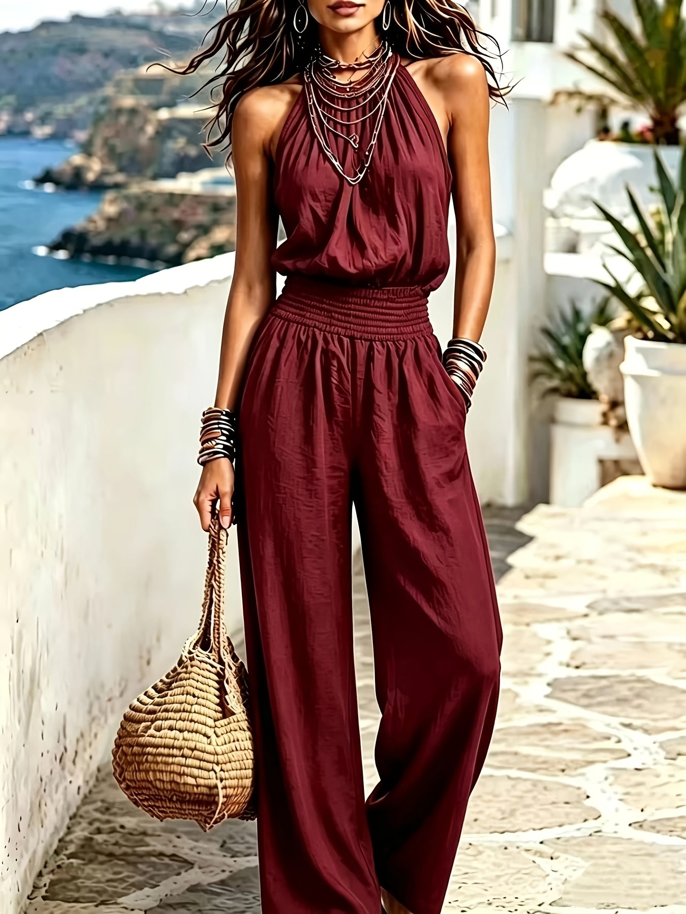 Women's Bohemian Backless Sleeveless Wide-Leg Jumpsuit