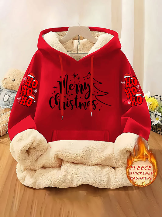 Women's Fleece-Lined Hooded Christmas Sweatshirt with Ho Ho Ho & Merry Christmas Print, Plush Fleece Jacket, Warm Winter Coat, Thick Polyester Outer Layer, Machine Washable Holiday Sweater for Xmas Parties & Winter Outfits, W
