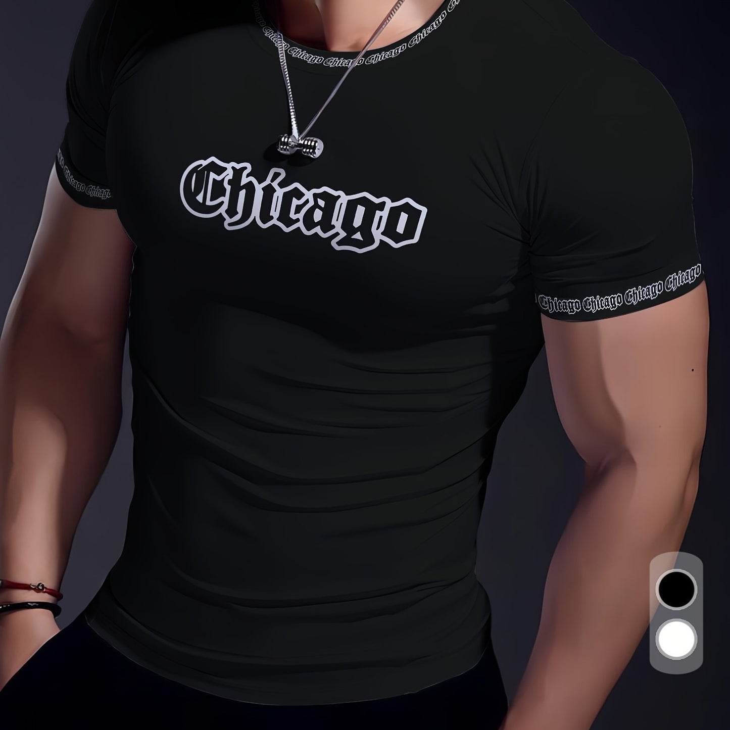 Men'S Chicago Print T-Shirt, Polyester-Spandex Blend, Crew Neck, Short Sleeve, Geometric Pattern, High Stretch, Tear Resistant, Sports  Casual Style, Summer Fit Top for Training, Yoga, Hiking  Festive Occasions