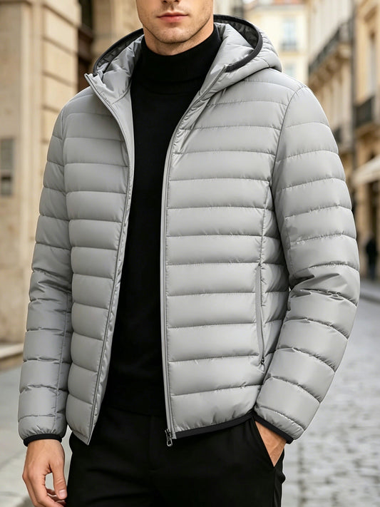 Men's Casual Hooded Padded Coat - Warm Polyester Outerwear