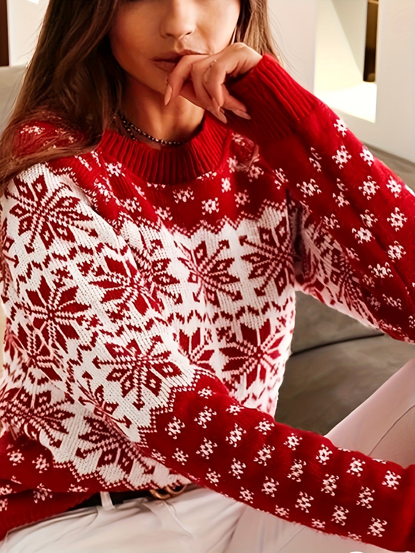 Women's Elegant Red & White Winter Sweater with Snowflake Pattern - Long Sleeve Round Neck Christmas Sweater for Holiday Parties, New Year's Eve & Everyday Winter Wear - Cozy Warm Sweater for Women, Festive Snowflake Design,