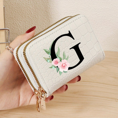 Minimalist Women'S Short Wallet Featuring a Double Zipper Design, with a Crocodile A-Z Letter Pattern. This Stylish Handbag Also Serves As a Fashionable Coin Wallet, Perfect for Travel, Back-To-School, Or Parties.
