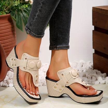 Women's Thick Platform Wedge Sandals with Metallic Studs - Slip-On Square Toe Breathable Fabric Upper  Cushioned Rubber Sole for Casual Comfort, Comfortable Footwear, Chic Shoe Design, Durable Traction Footwear
