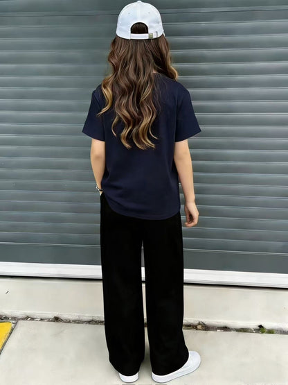 Girls Casual 2-Piece Summer Set: Printed T-Shirt & Wide Leg Pants