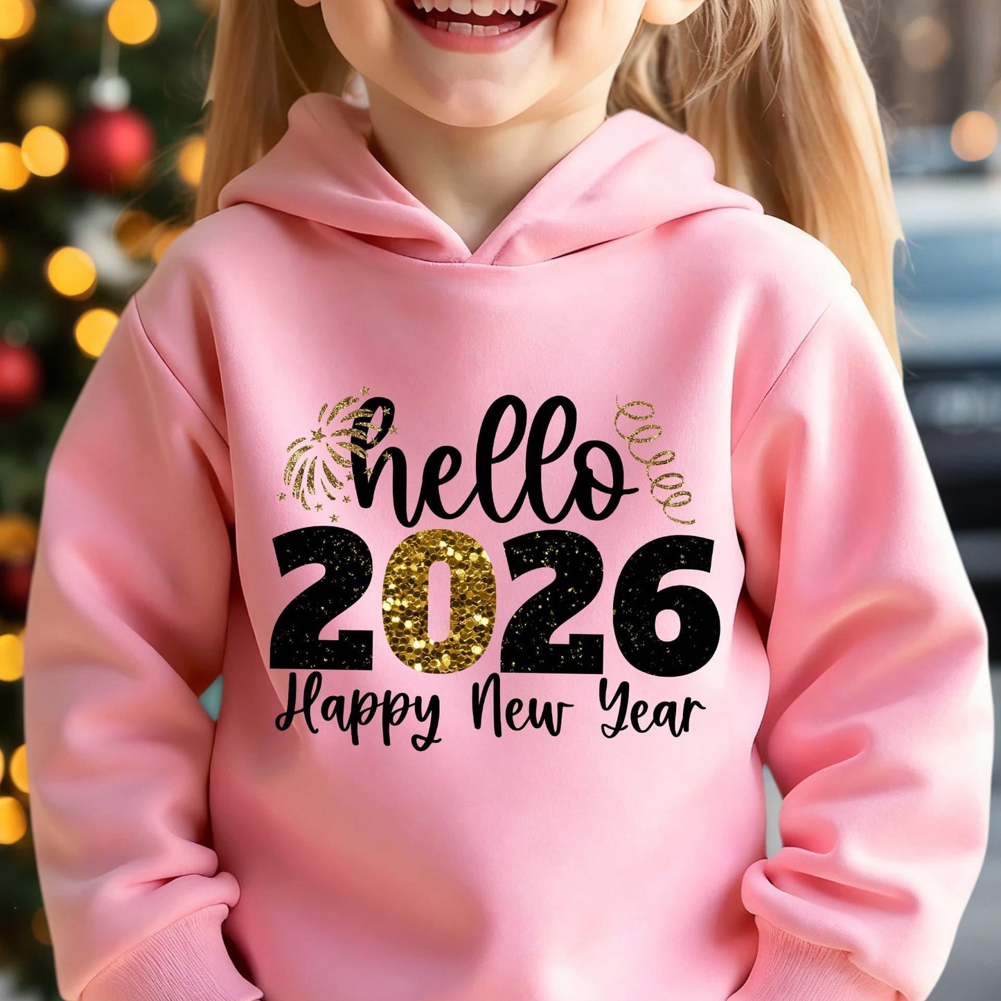Girls' 2026 New Year'S Hooded Sweatshirt - Hello 2026 Happy New Year Lettering, Mint Green with Golden Glitter Accent, Cozy Fleece Pullover for Christmas & New Year, Winter Casual Wear, Christmas Sweatshirt, Festive Clothing,
