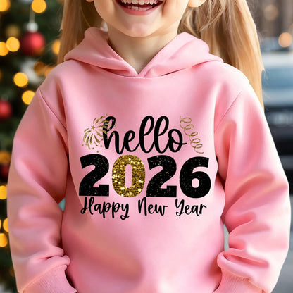 Girls' 2026 New Year'S Hooded Sweatshirt - Hello 2026 Happy New Year Lettering, Mint Green with Golden Glitter Accent, Cozy Fleece Pullover for Christmas & New Year, Winter Casual Wear, Christmas Sweatshirt, Festive Clothing,
