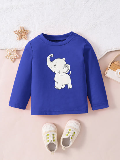 Boys' Casual Long-Sleeve Elephant Print Cotton T-Shirt for Fall