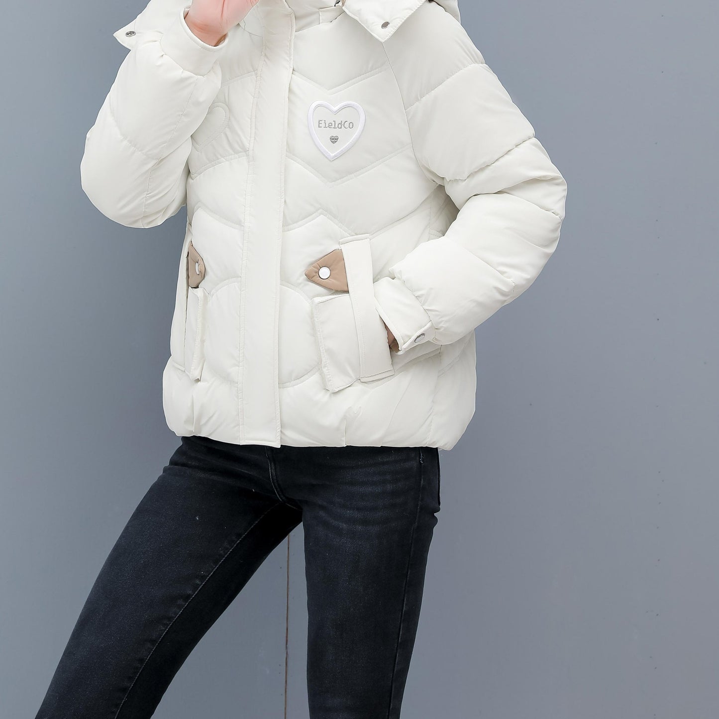 Women's Winter Hooded Jacket - Stylish Beige & White Zip-Up Coat with Heart Design, Warm Polyester Outerwear for Casual or Chic Looks, Winter Jacket
