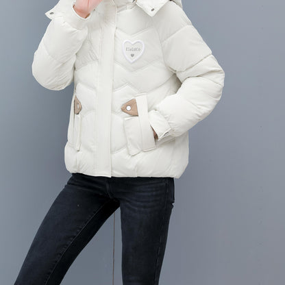 Women's Winter Hooded Jacket - Stylish Beige & White Zip-Up Coat with Heart Design, Warm Polyester Outerwear for Casual or Chic Looks, Winter Jacket