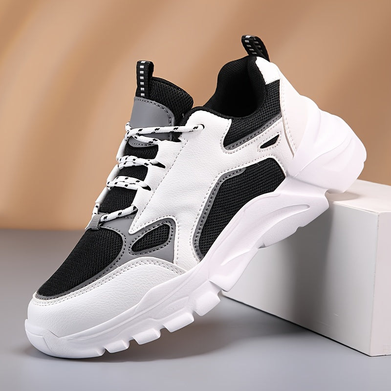 Men's Casual Athletic Sneakers, Lightweight Breathable Lace-Up EVA Sole Low-Top Sneakers, Black  White Color Block