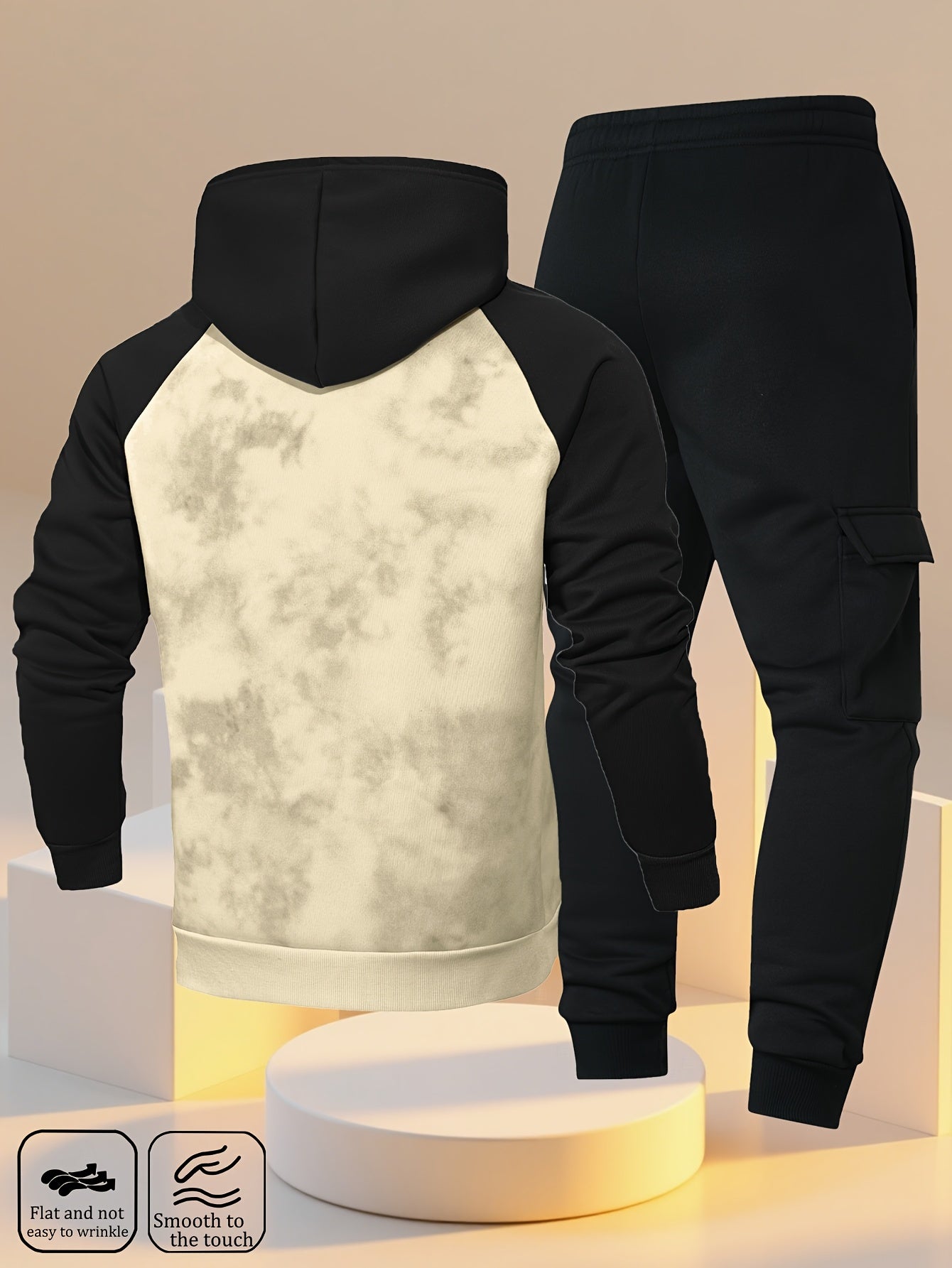 New Trendy Fashion Raglan Sleeve Colorblock Hoodie and Loose Cuffed Drawstring Cargo Pants with Multiple Pockets, Casual Daily Comfortable Versatile Breathable Hooded Sweatshirt and Loose Long Pants 2pcs Set with Stylish Prin