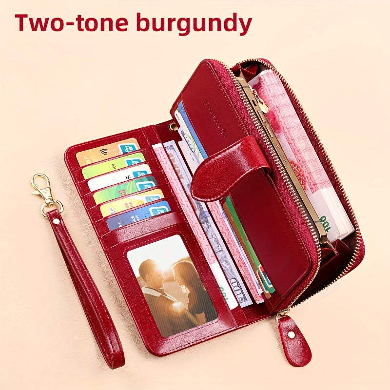 Two-Layer Cowhide Leather Clutch Wallet for Men & Women, Casual Large Capacity RFID Blocking Zippered Hand Purse with Transparent ID Slot and Anti-Theft Brush, Versatile for Going Out