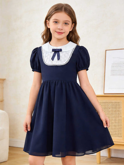 Girls' Summer Preppy Lace Chiffon Dress with Lapel Collar