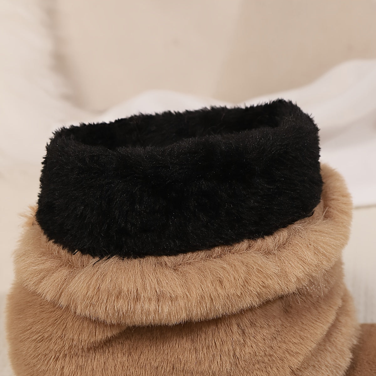 Women's Fashion Solid Color Mid-Calf Fluffy Boots with Slip-On Closure, Plain Toe Platform Heel, Comfy & Warm Fabric-Lined Winter Footwear - TPR Sole, Mid Heel, European Special from Huizhou