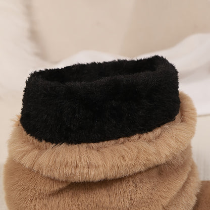 Women's Fashion Solid Color Mid-Calf Fluffy Boots with Slip-On Closure, Plain Toe Platform Heel, Comfy & Warm Fabric-Lined Winter Footwear - TPR Sole, Mid Heel, European Special from Huizhou