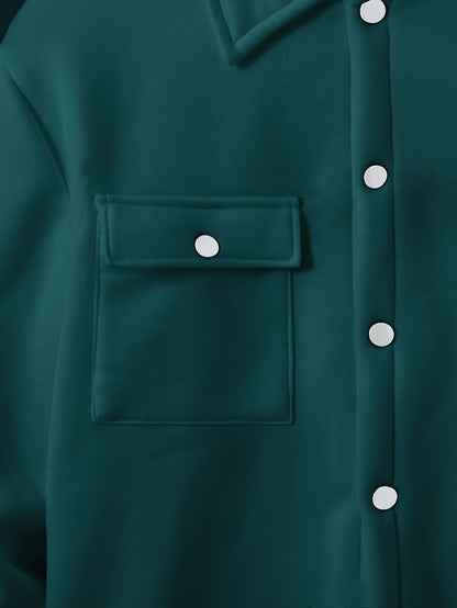 1set Men'S Casual Solid Color Polyester Outfit - Long Sleeve Button-Down Lapel Collar Jacket with Pockets and Drawstring Long Pants Set for Fall/Winter