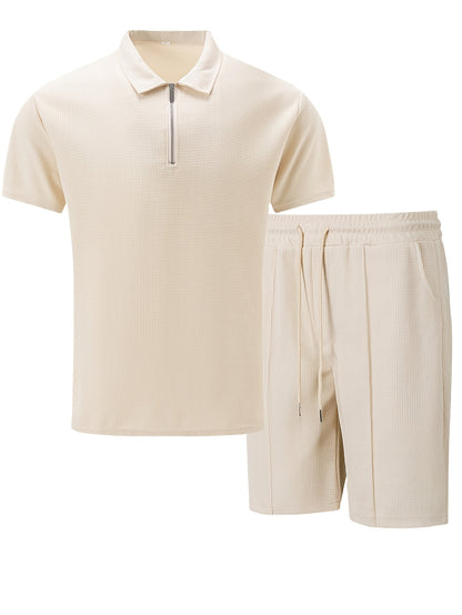 Men's Summer Casual 3-Piece Tracksuit Waffle Knit Half-Zip