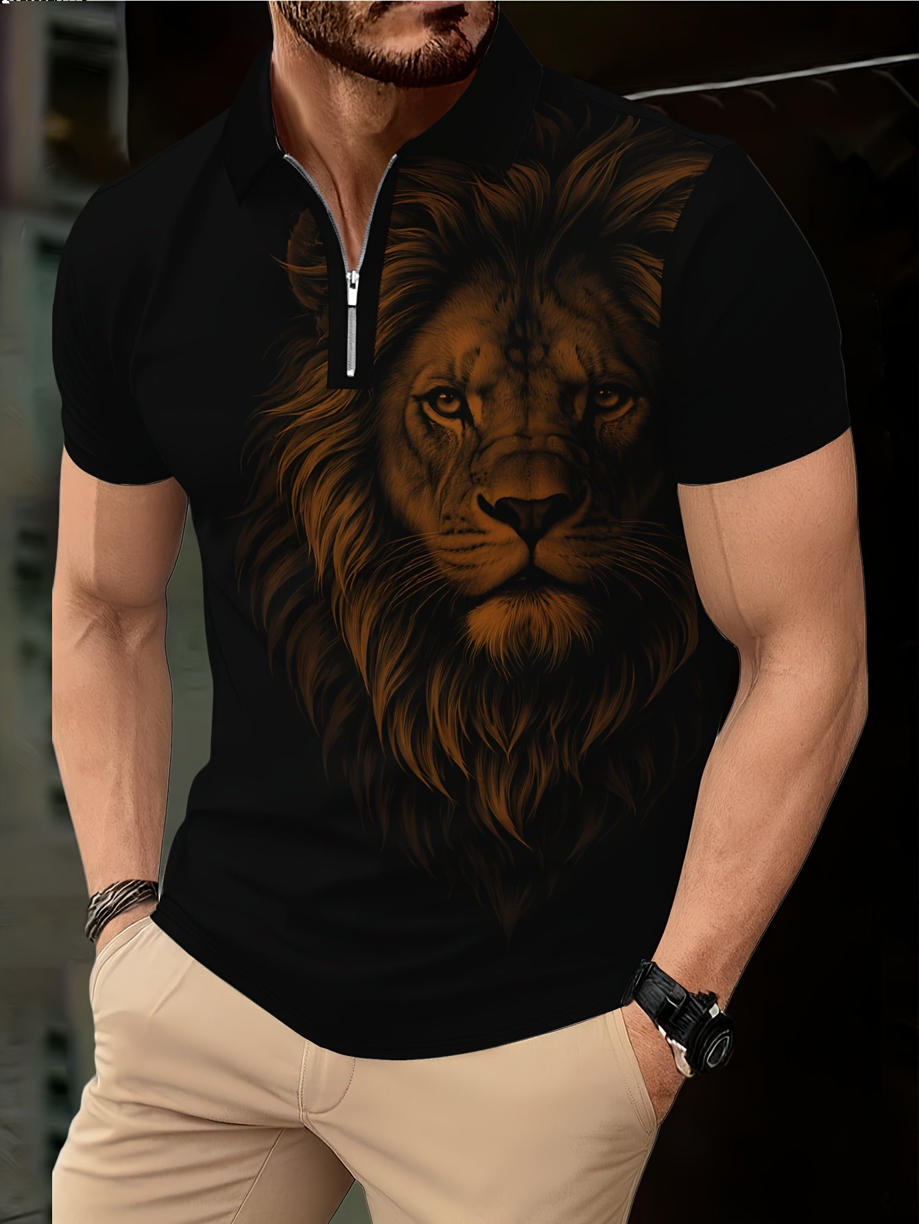 Men's Zip Shirt Short Sleeve Summer Trendy Lion Print Collar T-Shirt Business Casual Slim Fit Men's Top Women's Clothing