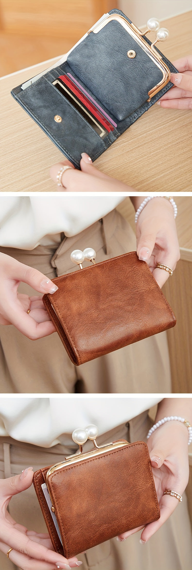 Women's Wallet Short Compact Three Layer LargeCapacity Retro Pearl Wallet High Quality PU Multi Card Seat/Coin ZeroWallet