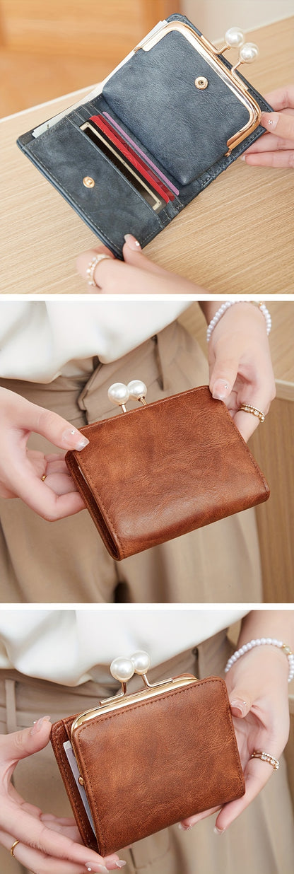Women's Wallet Short Compact Three Layer LargeCapacity Retro Pearl Wallet High Quality PU Multi Card Seat/Coin ZeroWallet