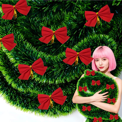 314.96-inch 40pcs Set with Red Bows - Premium Winter Dark Green Christmas Vine Spring Decoration | No Lights - Artificial Plastic Material Metallic Foil Faux Garland Plant | Suitable for Christmas, New Year, Thanksgiving Part