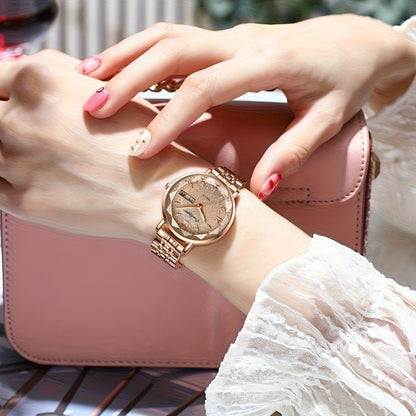 Elegant Women's Quartz Watch with Rose Gold Alloy Case