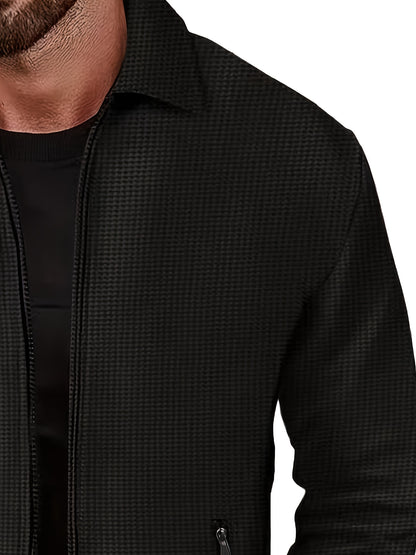 1pc Men'S Casual Polyester Zip-Up Jacket with Lapel Collar, Solid Color, Slight Stretch, Woven Fabric, Regular Fit, No Lining - Spring/Fall Outerwear