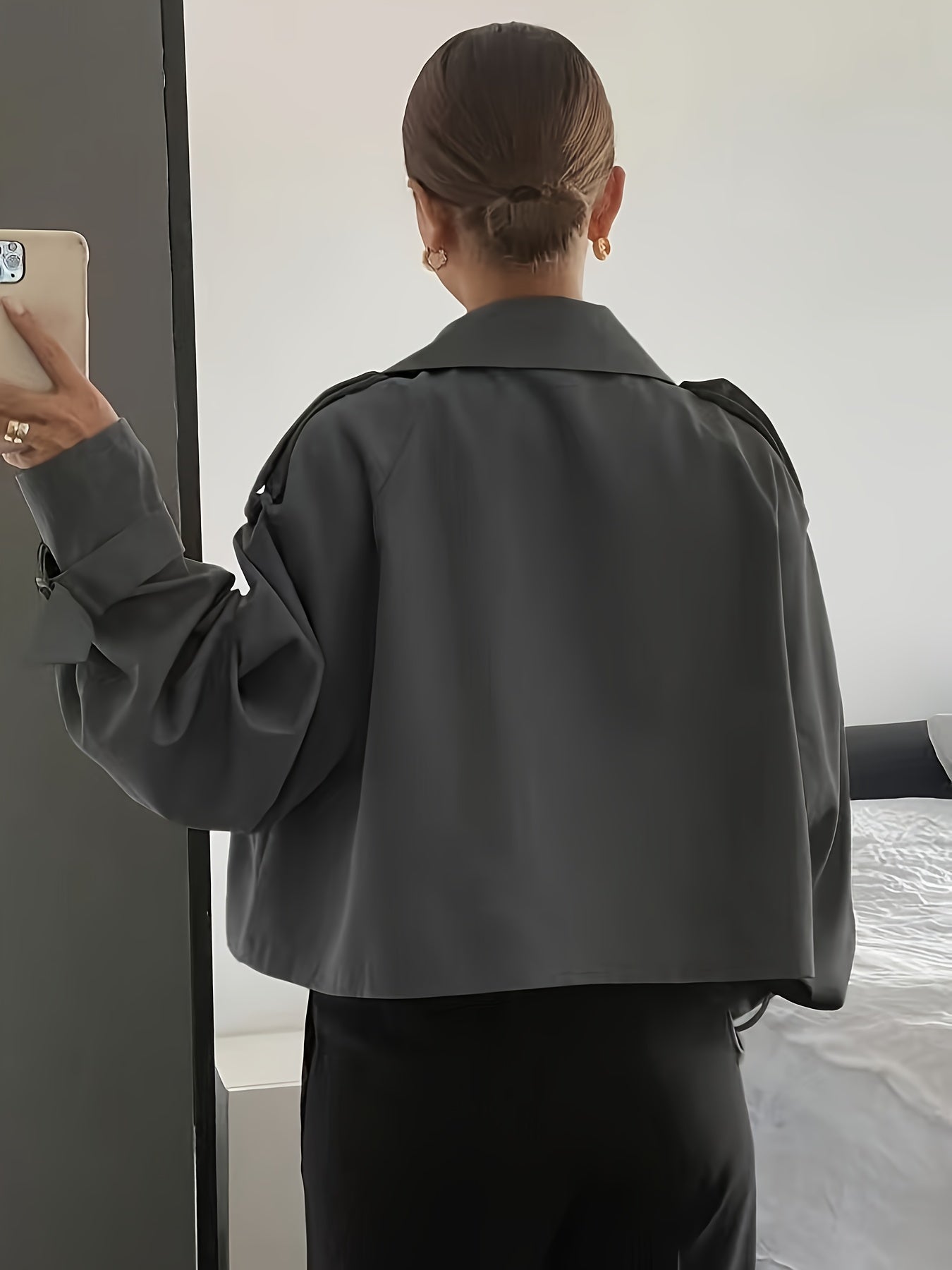 Women's Spring/Autumn Solid Color Simple Loose Casual Short Long Sleeve Trench Coat