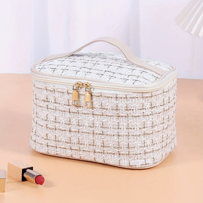 Beige Plaid Large-Capacity Travel Toiletry Bag for Women