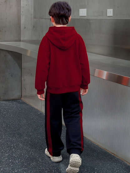 2pcs Boys' Winter Hooded Sweatsuit & Pants - Warm Sweater Outfit with Matching Long Pants, Colorblock Hoodie (Suitable for & Big Kids) - Machine Washable 2pcs set, Perfect for Outdoor