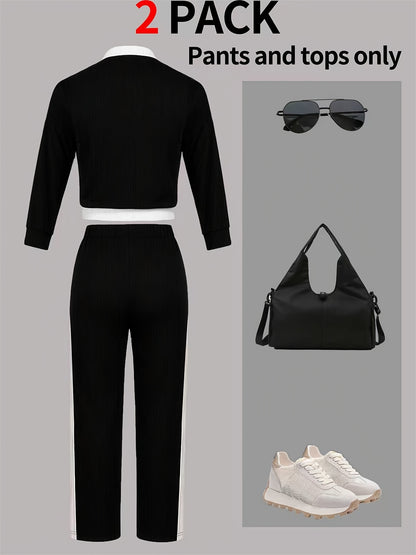 Autumn And Winter Women'S Outfit - Stylish Color-Blocked Fitted Long-Sleeve Top with a Round Neck And Versatile High-Waisted Comfortable Straight-Leg Pants
