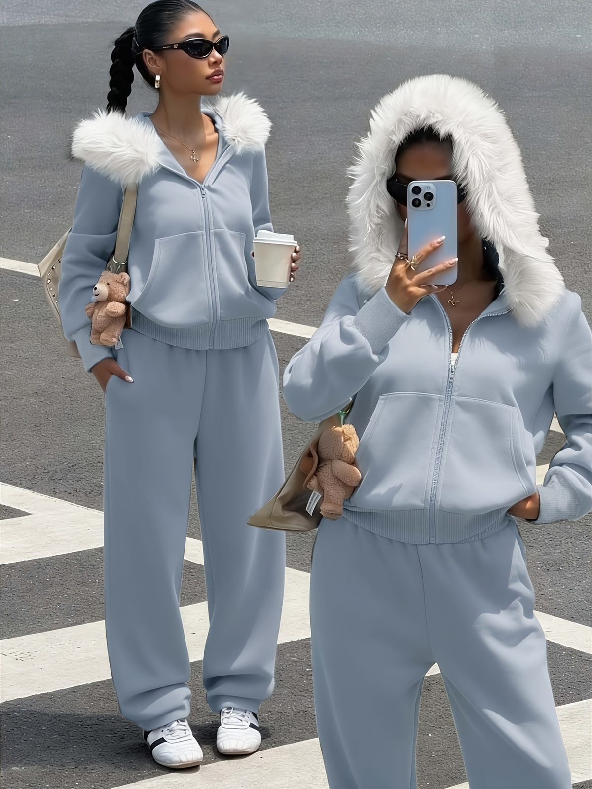 Women's Casual Polyester Hoodie & Wide-Leg Pants Set - ayq