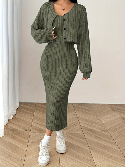 Women'S Autumn And Winter Outfit Featuring a Long-Sleeve Top with a Coat And a Camisole Dress in a Two-Piece Set.