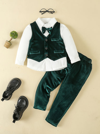 3pcs Boys' Gentleman Suit Set, Knitted Polyester, Solid Color, Slight Stretch, Regular Fit, with Long Sleeve Shirt, Bow Tie, Velvet Vest, and Pants, for Special Occasions - Party Outfit for Ages 12 and Under