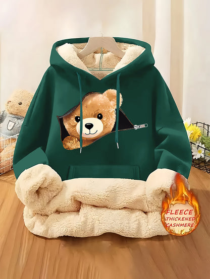 Women'S Plush Fleece-Lined Hooded Sweatshirt with Bear Print & Zipper Closure - Cozy Winter Warmth, / Color Block Design, Soft Fleece Fabric, Casual Pullover for Fall & Winter, Autumn Winter Apparel | Hooded Sweatshirt | Zipp