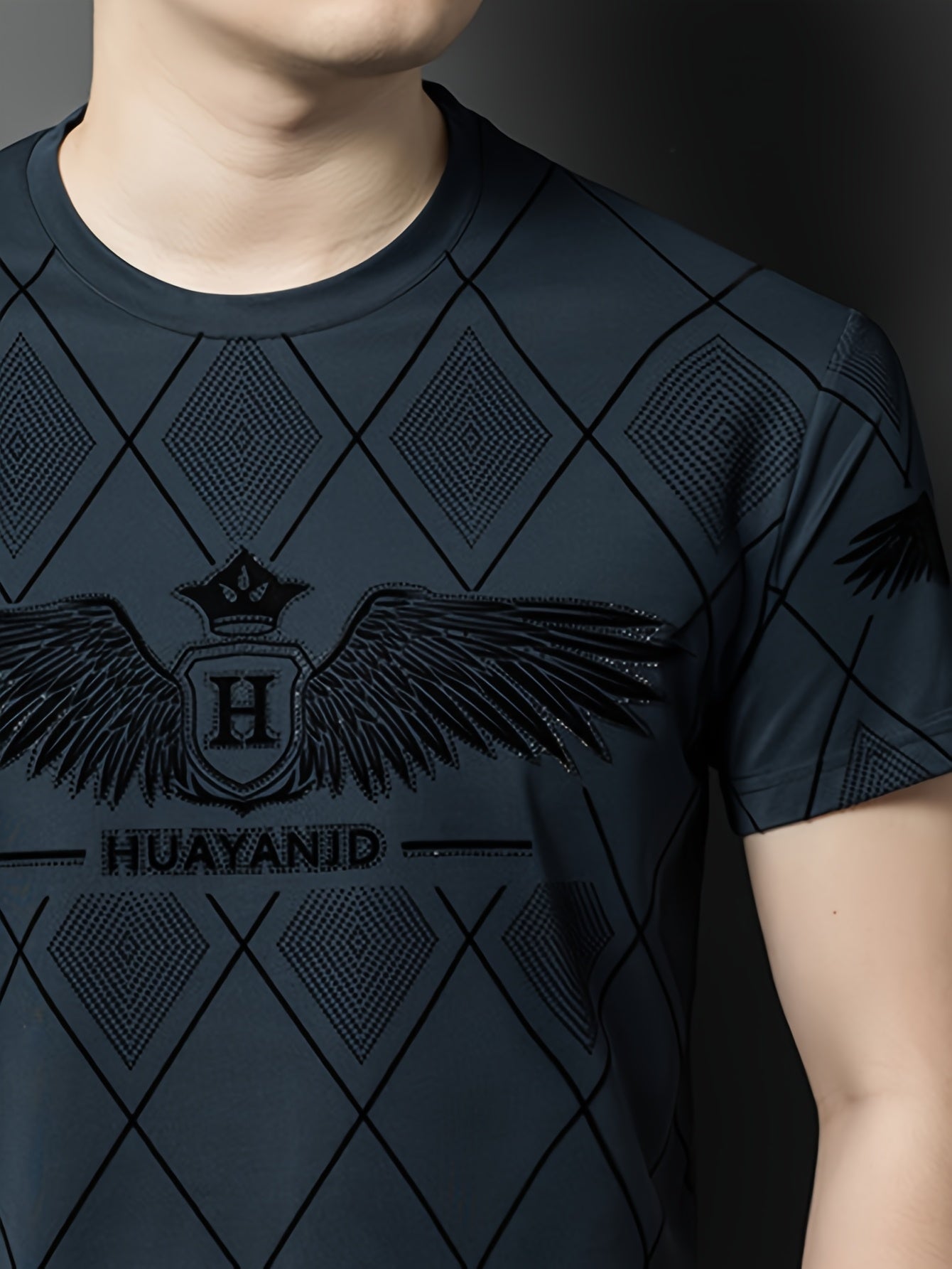 SINBOS Men's 2025 Summer Short Sleeve T-Shirt - Black Casual Graphic Print Tee with Wing  HUYAND Logo Design, Breathable Stretch Fabric, Round Neck Regular Fit for Casual Attire, Nontransparent Material, Relaxed Fit, Trendy