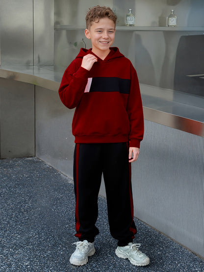 2pcs Boys' Winter Hooded Sweatsuit & Pants - Warm Sweater Outfit with Matching Long Pants, Colorblock Hoodie (Suitable for & Big Kids) - Machine Washable 2pcs set, Perfect for Outdoor