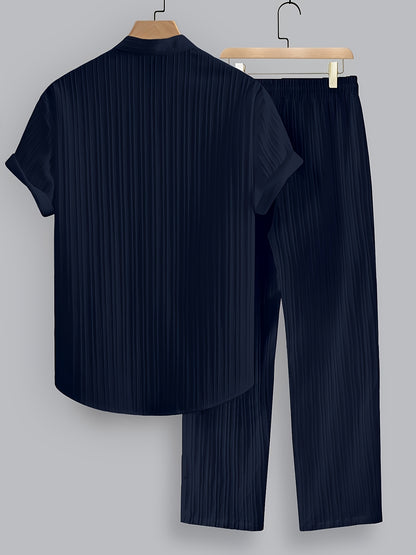Men's Summer Casual Polyester Set with Stand Collar Shirt & Pants