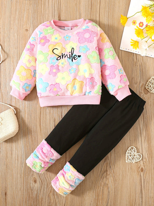 Girls' Autumn and Winter Fashion Warm Set with "Smile" Embroidery, Colorful Floral Appliqué Fleece Jacket and Flared Pants Outfit, Perfect for Outdoor