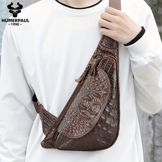 HUMERPAUL Men'S Casual Brown Leather Crossbody Bag with Alligator Print - Adjustable Strap, Multi-Compartment, Everyday Commute Shoulder Bag, Everyday Bag   Casual Style Bag   Adjustable Strap Bag