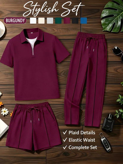 Men's Summer Casual 3-Piece Tracksuit Waffle Knit Half-Zip