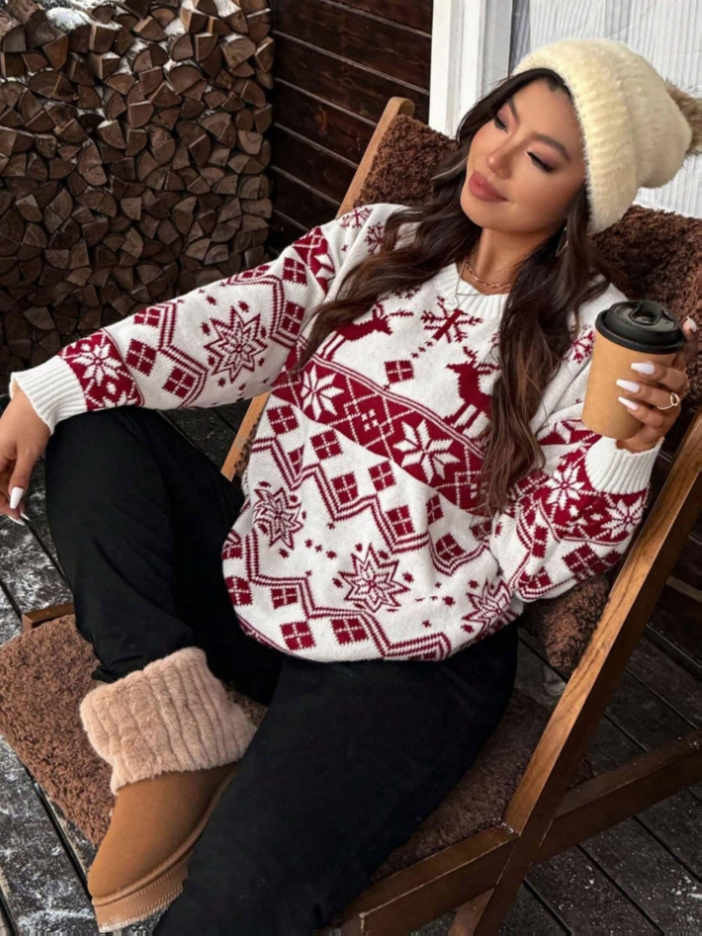 Women'S Thick Double-Layer Winter Sweater - Red & Snowflake & Geometric Pattern Pullover, Round Neck Long Sleeve Sweater with Piping Trim, Cozy Fall/Winter Casual Chic Outfits, Ladies Sweaters