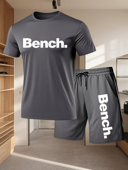 Summer Men'S Casual Sports Short Sleeve T-Shirt and Shorts Set, Comfortable Breathable, Suitable for Outdoor Jogging Running Fitness, Bench. Letter Print Design - 2pcs