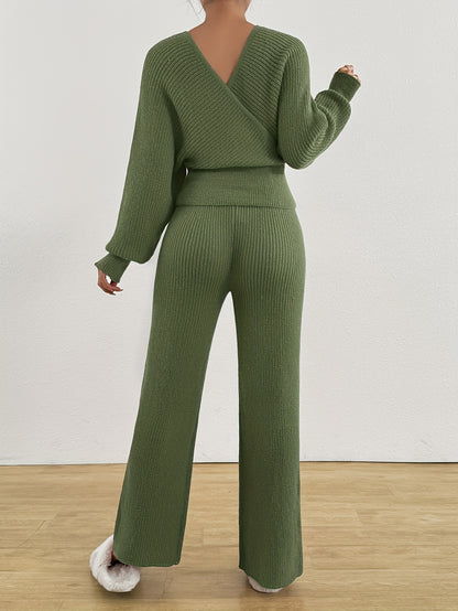 Women's Autumn Winter Sweater V-Neck Sleeveless Pullover with Wide-Leg Pants Elegant Two-Piece Set