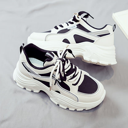 Women's Trendy Chunky Sneakers - Breathable Lace-Up Dad Shoes with Thick PVC Sole, White  Beige Two-Tone Design, Versatile Low-Top Style for Casual Attire