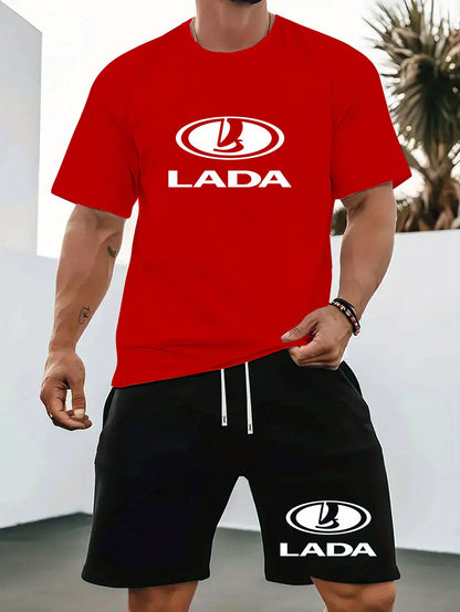 Men'S Summer Casual Sport Two-Piece Set - LADA Letter Pattern Print T-Shirt and Black Drawstring Shorts, Casual Sportswear, Regular Fit - Perfect for Summer Outdoor